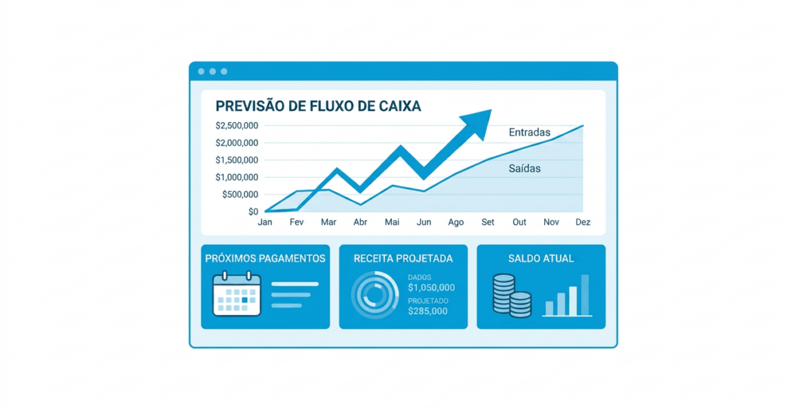 Dashboard de previsão de caixa com gráfico de fluxo financeiro integrado